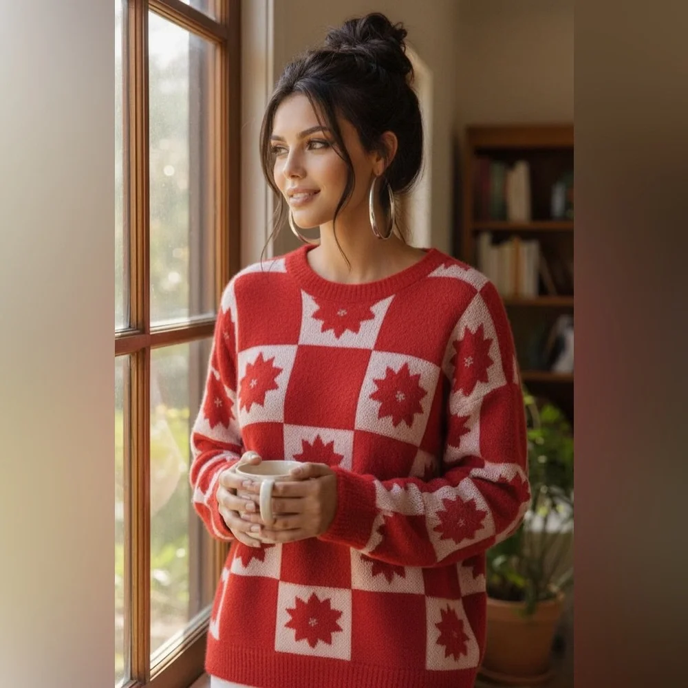 LulaRoe Holiday Poinsettia Red Check Eyelash Sweater. Size Large